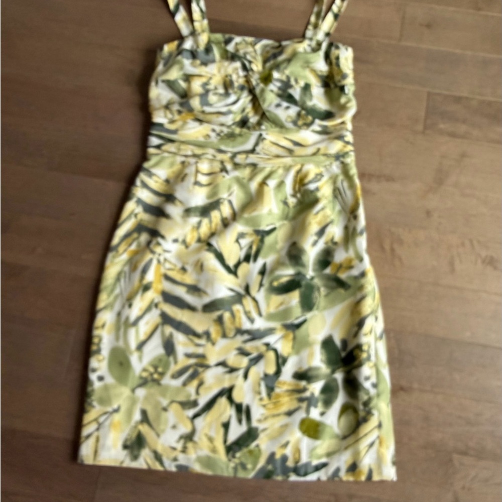 Floral Sundress with Green and Yellow Leaf Print